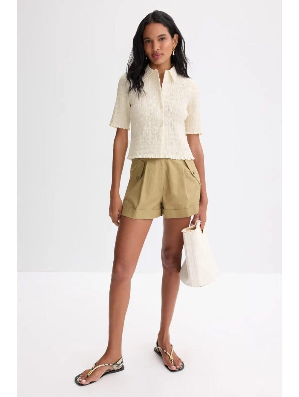 Veronica Beard Cream Smocked Short Sleeve Blouse Size L Cropped Textured Top